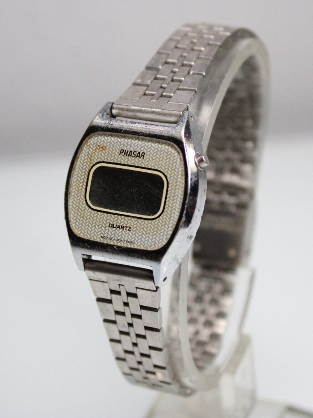 Vintage Phasar Quartz Digital LCD Watch Silver Tone Metal Bracelet Hong Kong
